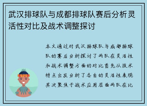 武汉排球队与成都排球队赛后分析灵活性对比及战术调整探讨